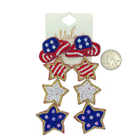 Patriotic USA Cowboy Hat & Dangling Stars Beaded Earrings (3x1.25in)