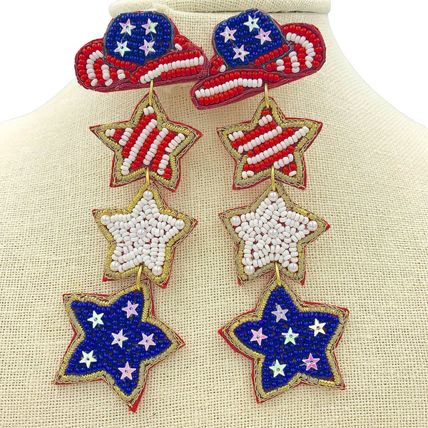 Patriotic USA Cowboy Hat & Dangling Stars Beaded Earrings (3x1.25in)