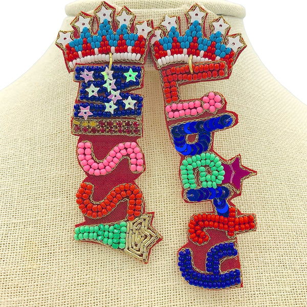 Miss Liberty Patriotic USA Beaded Earrings (3x1.25in)