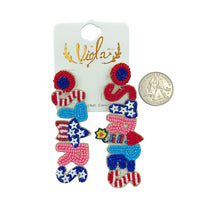 Stars & Stripes Patriotic USA Beaded Earrings (.75"Wx3"L)
