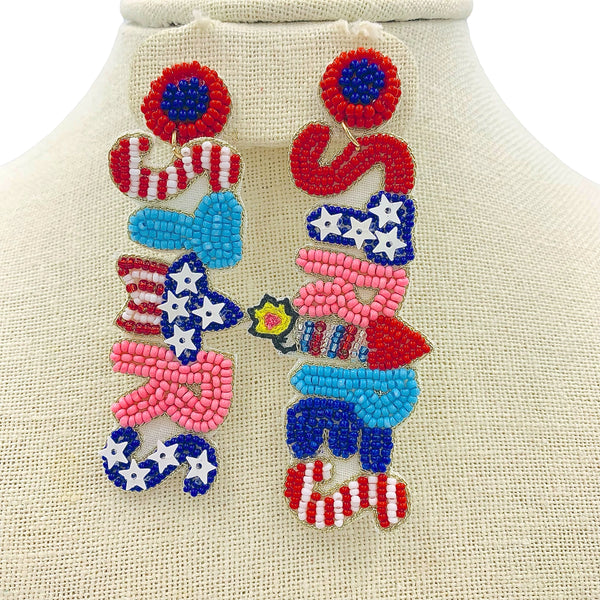 Stars & Stripes Patriotic USA Beaded Earrings (.75"Wx3"L)