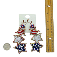 Patriotic USA Triple Tiered Star Beaded Earrings (4x1.75in)
