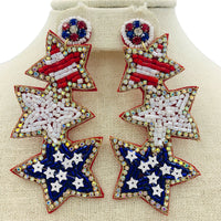 Patriotic USA Triple Tiered Star Beaded Earrings (4x1.75in)