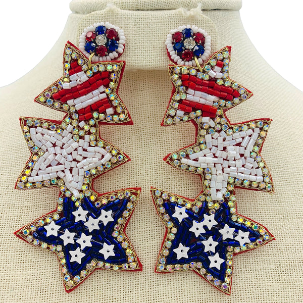 Patriotic USA Triple Tiered Star Beaded Earrings (4x1.75in)