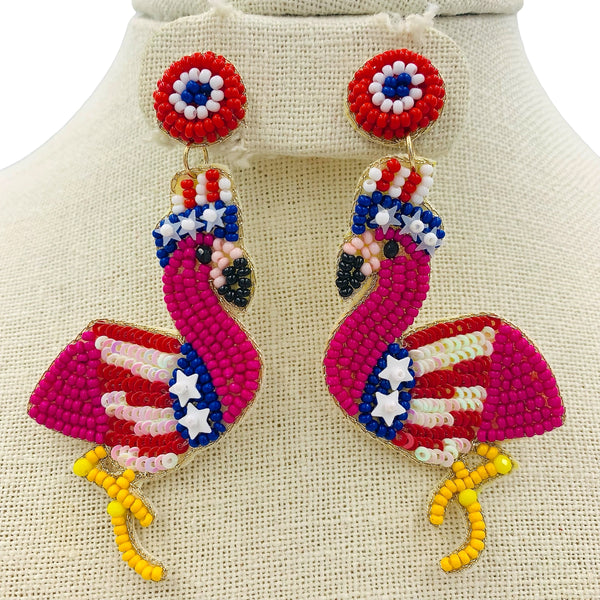 Patriotic USA Flamingo Beaded Earrings (1.5inx3in)