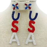 Patriotic USA Dangling Beaded Earrings (1.0inx4.0in)