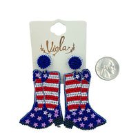 Patriotic USA Flag Beaded Boot Earrings (1.5x2.75in)