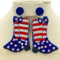 Patriotic USA Flag Beaded Boot Earrings (1.5x2.75in)