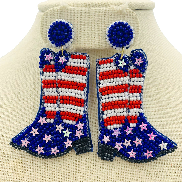 Patriotic USA Flag Beaded Boot Earrings (1.5x2.75in)