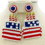 Patriotic USA Birthday Cake Beaded Earrings (2.0x2.5in)