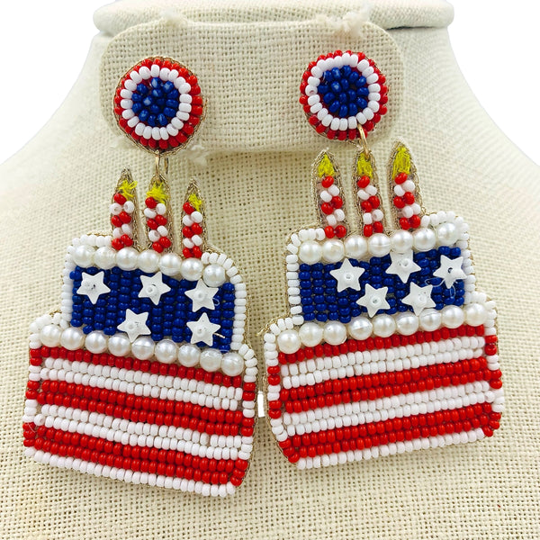 Patriotic USA Birthday Cake Beaded Earrings (2.0x2.5in)