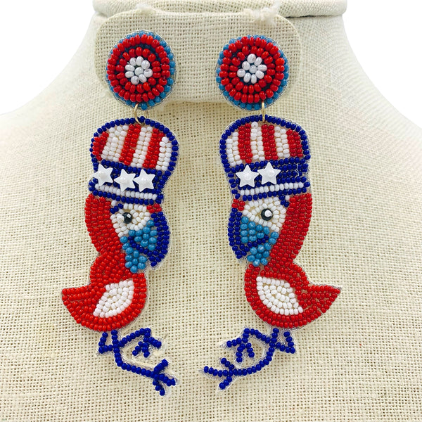 Patriotic Parrot Beaded Earrings (1.25Wx2.75Lin)