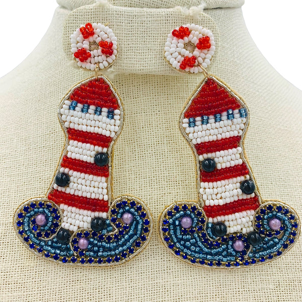 Patriotic USA Lighthouse Beaded Earrings (2x3.0in)