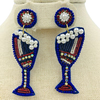Patriotic Champagne Glass Beaded Earrings (0.8x2.75in)