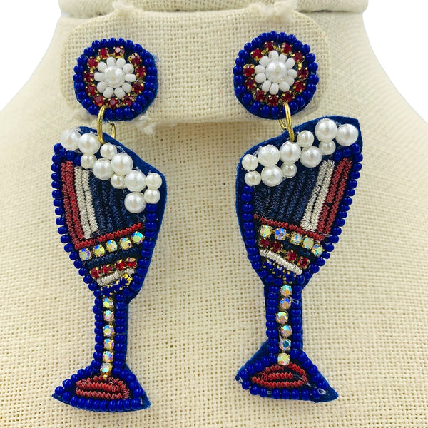 Patriotic Champagne Glass Beaded Earrings (0.8x2.75in)