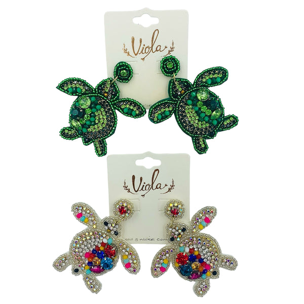 Sea Turtle Seed Bead Earrings in Green or Multi Color - Beaded (2.5x2.5in)