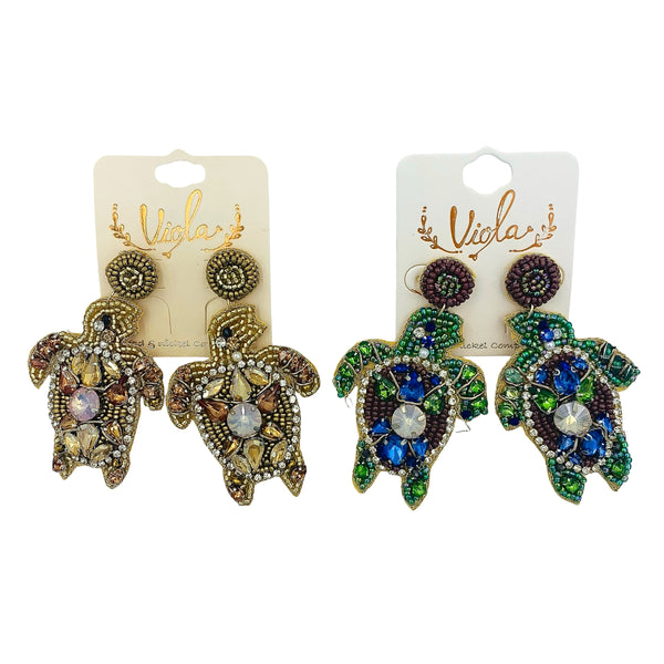 Sea Turtle Seed Bead Earrings in Gold or Green Color - Beaded (1.75x3in)