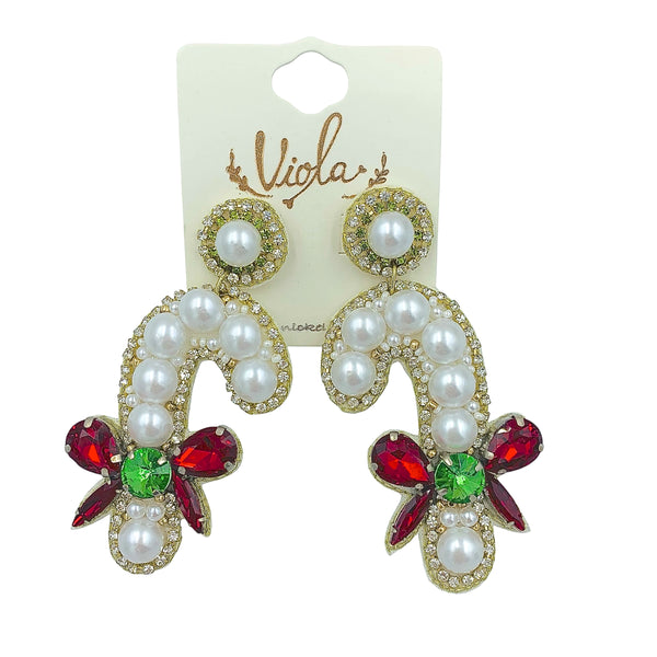 Pearl and Crystal Candy Cane Christmas Themed Beaded Earrings