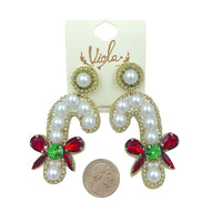 Pearl and Crystal Candy Cane Christmas Themed Beaded Earrings