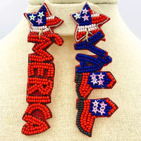 "MERICA Y'ALL" Patriotic USA America Beaded Earrings (1x3in)
