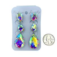 Clip On 3 Tier Teardrop Crystal Dangle Earrings - 10 Colors (0.75x2.75in)
