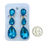 Clip On 3 Tier Teardrop Crystal Dangle Earrings - 10 Colors (0.75x2.75in)