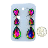 Clip On 3 Tier Teardrop Crystal Dangle Earrings - 10 Colors (0.75x2.75in)