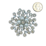 Pearl & Crystal Round Flower Burst Bouquet Brooch Pin, Style 2 (2.5in)