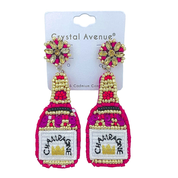 Rose Pink Champagne Bottle Seed Bead Earrings (1.06x2.95in)