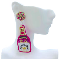 Rose Pink Champagne Bottle Seed Bead Earrings (1.06x2.95in)