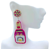 Rose Pink Champagne Bottle Seed Bead Earrings (1.06x2.95in)