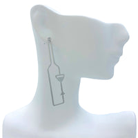 Wine Bottle Glass Outline Metal Earrings in Silver or Gold (0.4x2in)
