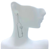 Wine Bottle Glass Outline Metal Earrings in Silver or Gold (0.4x2in)