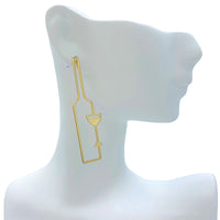 Wine Bottle Glass Outline Metal Earrings in Silver or Gold (0.4x2in)