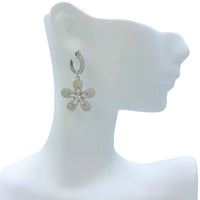 Cubic Zirconia Flower Pave Huggie Earrings - Rhodium Plated (0.78x1.25in)