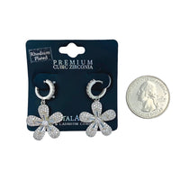 Cubic Zirconia Flower Pave Huggie Earrings - Rhodium Plated (0.78x1.25in)