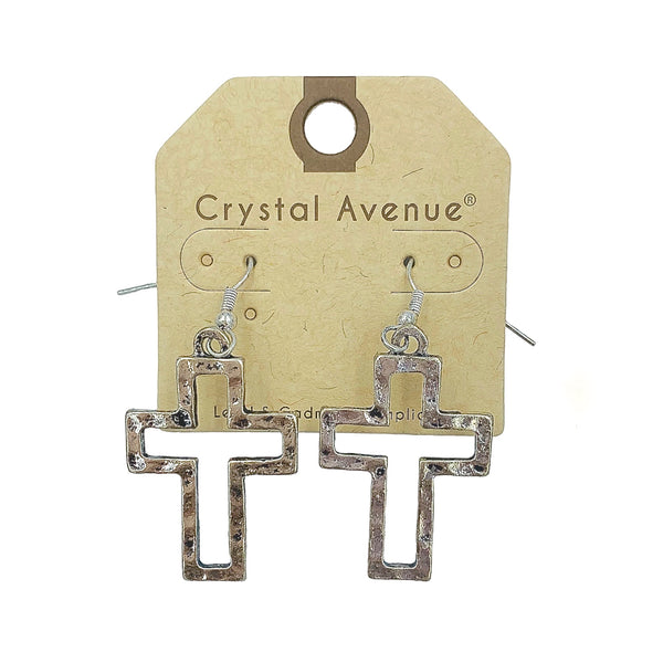 Antique Silver Plated Hammered Cross Earrings (0.9x2in)