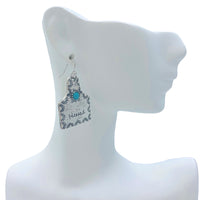Blessed or Faith Cow Tag Turquoise Bead Fishook Dangle Earrings (0.86x1.3in)
