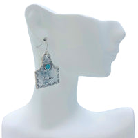 Blessed or Faith Cow Tag Turquoise Bead Fishook Dangle Earrings (0.86x1.3in)
