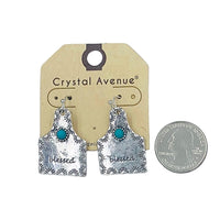 Blessed or Faith Cow Tag Turquoise Bead Fishook Dangle Earrings (0.86x1.3in)