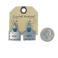 Blessed or Faith Cow Tag Turquoise Bead Fishook Dangle Earrings (0.86x1.3in)