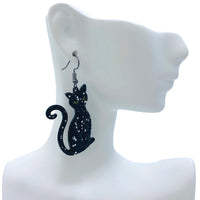 Black Cat Glitter Earrings - Halloween (1.25x2.25in)