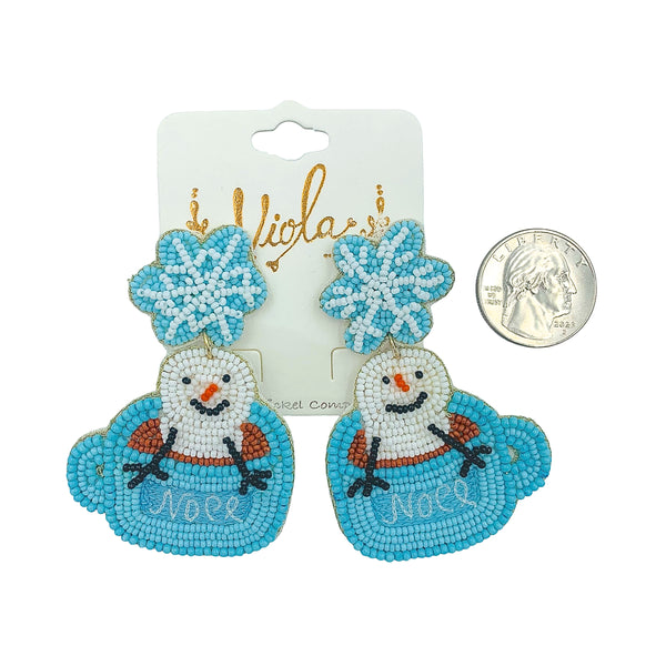 Hot Cocoa & Marshmallow Snowman Noel Mug Seed Bead Earrings, Beaded (1.75x2.5in)