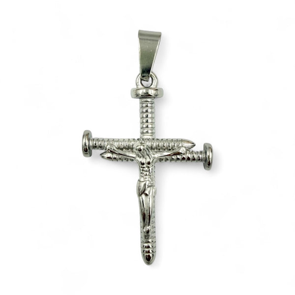 Stainless Steel Nail Crucifix Cross Pendant (1x1.75in)