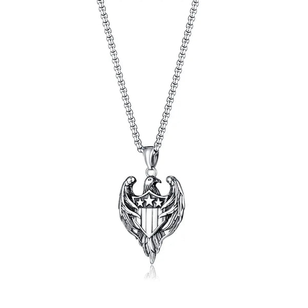 Stainless Steel American Eagle Shield Necklace, 24 inch (1.25x2.0in)