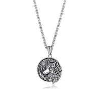 Stainless Steel Nordic Celtic Wolf Round Pendant 24 inch Necklace (1.25x1.75in)