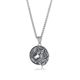 Stainless Steel Nordic Celtic Wolf Round Pendant 24 inch Necklace (1.25x1.75in)