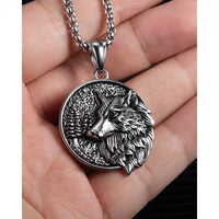 Stainless Steel Nordic Celtic Wolf Round Pendant 24 inch Necklace (1.25x1.75in)