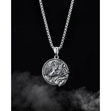 Stainless Steel Nordic Celtic Wolf Round Pendant 24 inch Necklace (1.25x1.75in)