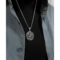 Stainless Steel Nordic Celtic Wolf Round Pendant 24 inch Necklace (1.25x1.75in)